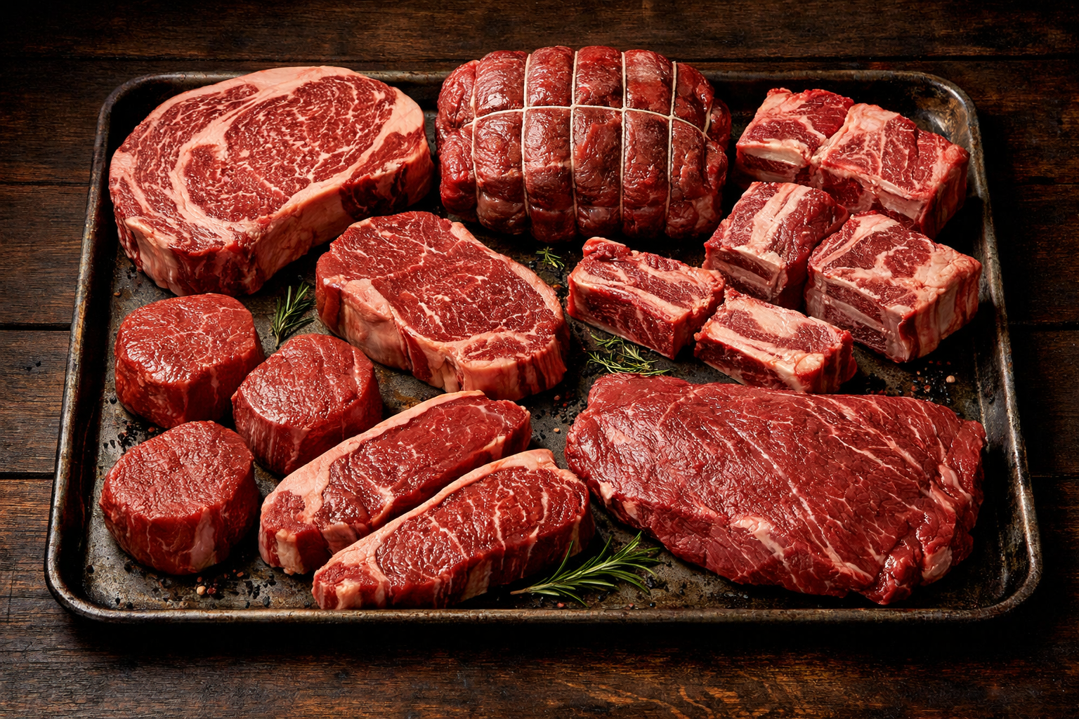 Assortment of beef steaks and roasts arranged on a tray