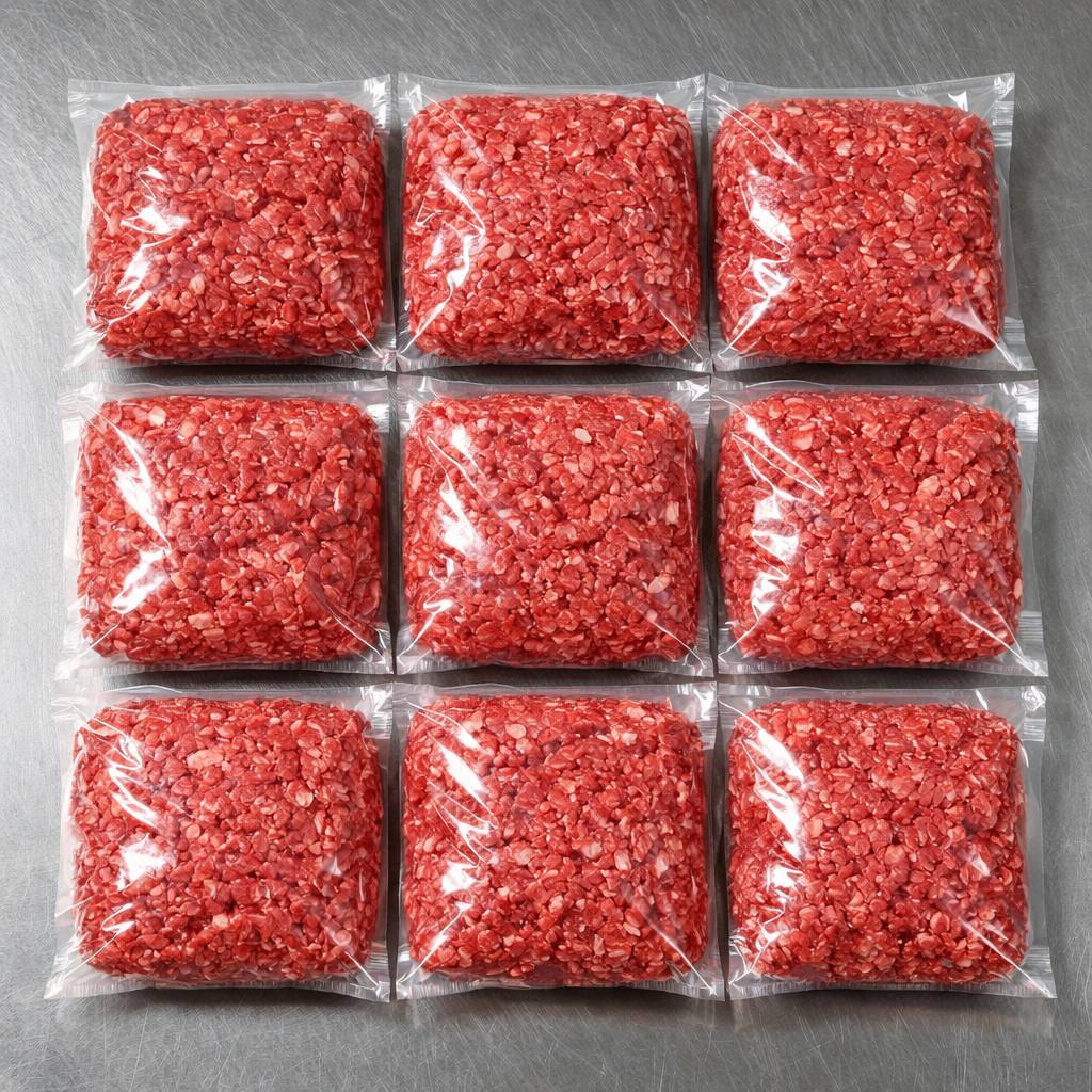 Fresh ground beef in vacuum-sealed packages