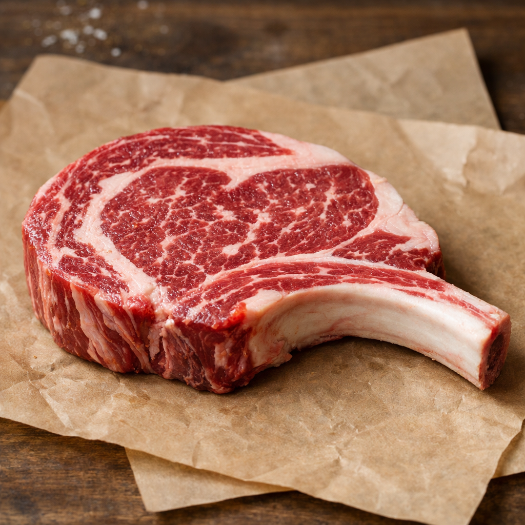 Marbled ribeye steak on butcher paper