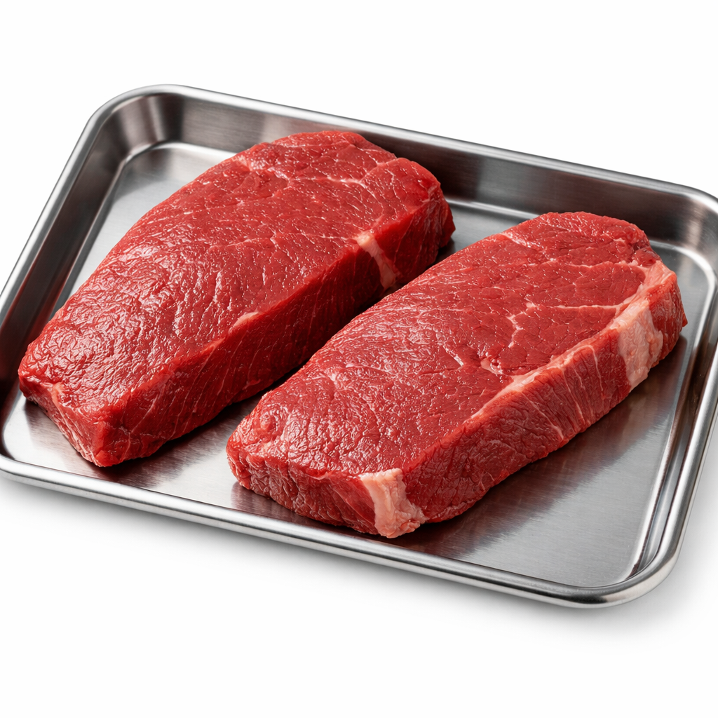 Top sirloin steaks on a tray