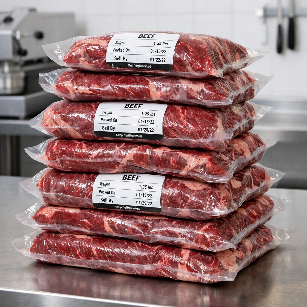 Vacuum-sealed labeled beef packages